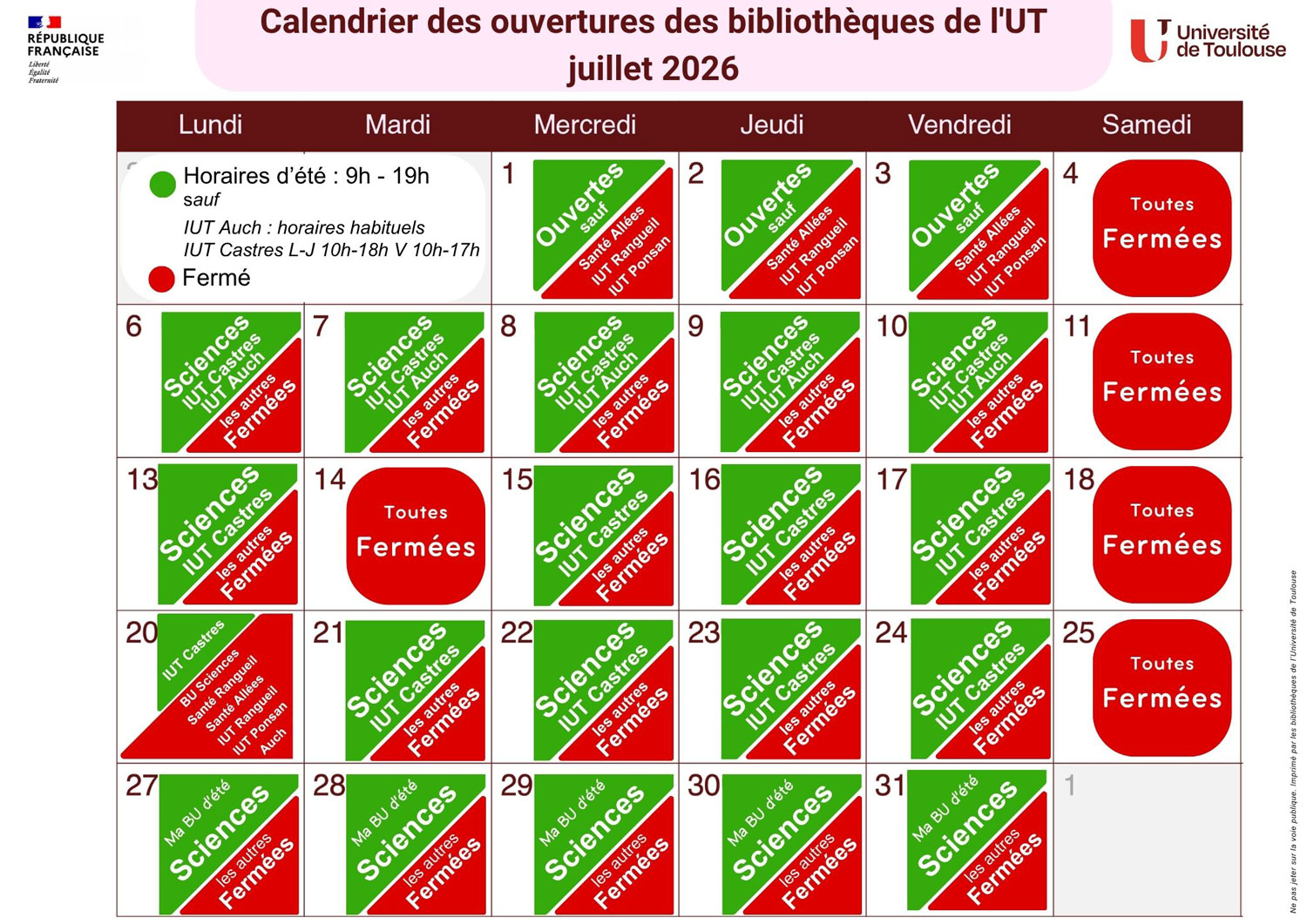 Calendrier des ouvertures juillet 2026 bibliothèques de l'UT